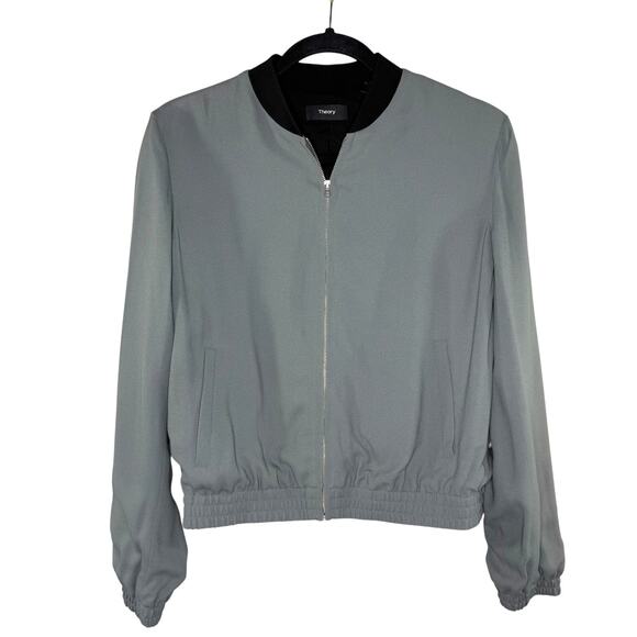 Theory Bariah Gray Green Crepe Bomber Jacket XS Petite Minimalist Quiet Luxury - Picture 1 of 11